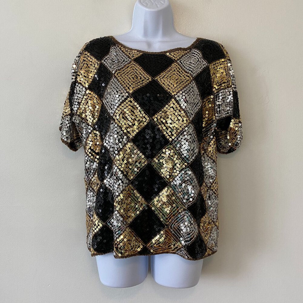 Vintage Scala Diamond Pattern Sequin Short Sleeve… - image 1